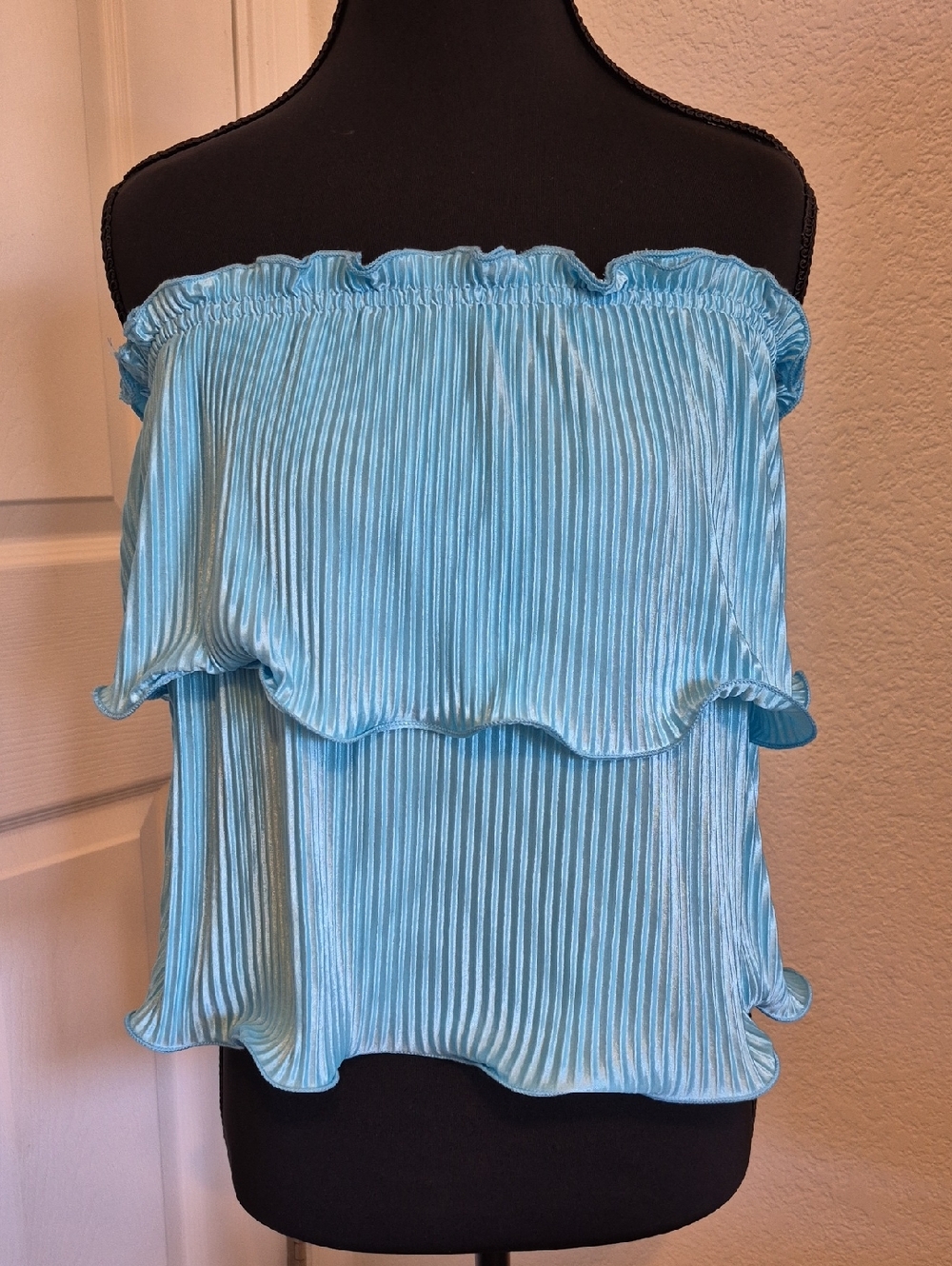 SHEIN Sky Blue Pleated Off-Shoulder Ruffle Cami